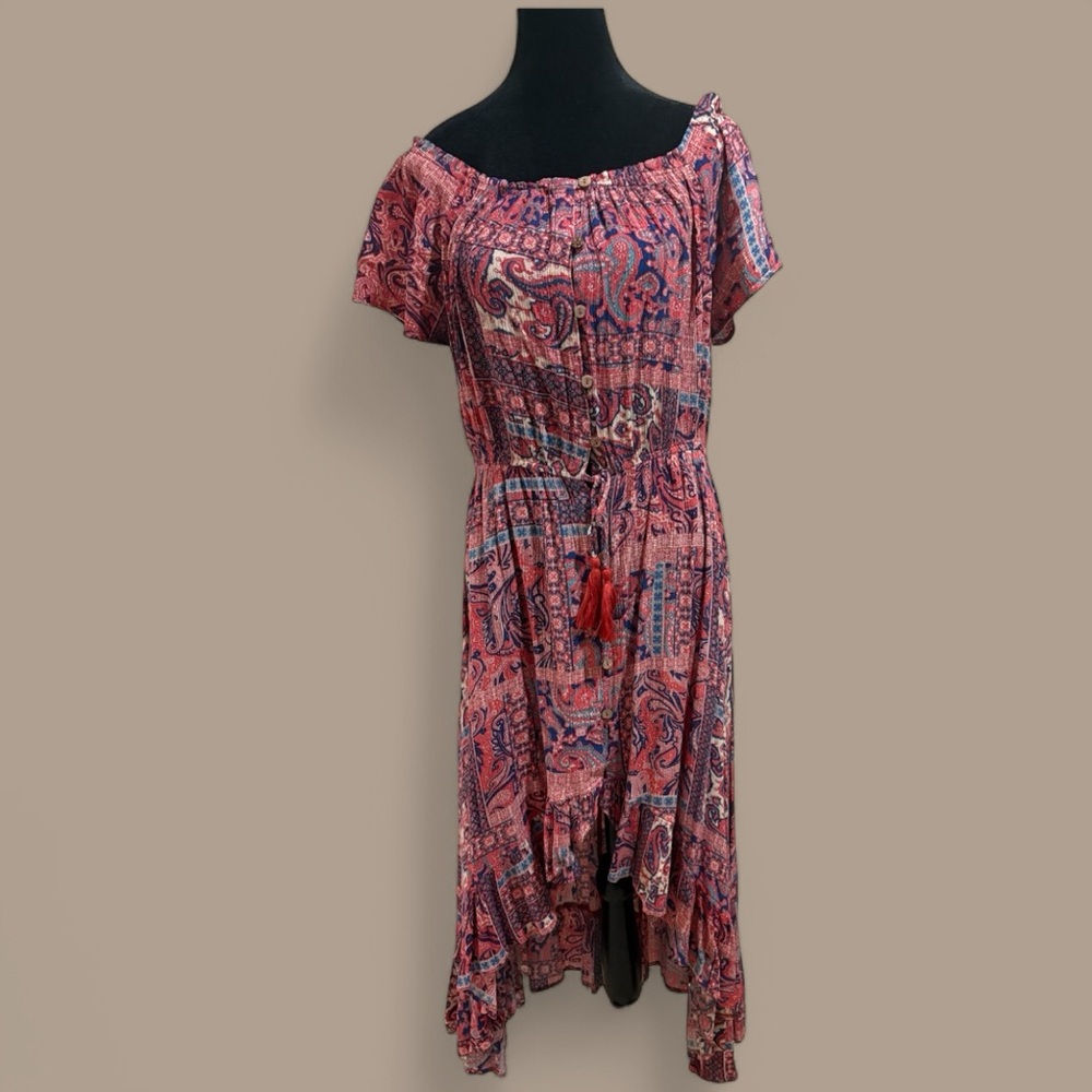 Easel Red and Blue High Low Sundress with Flutter Sleeves